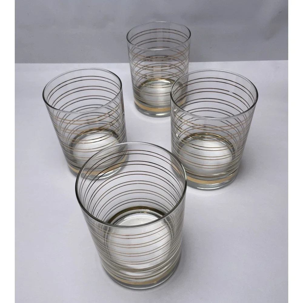 Shelton Ware On the Rocks Glasses Set of 4 Clear w/ Gold Stripe 80's Vintage Bar